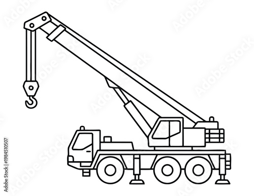 Crane truck construction vehicle with lifting boom hook in clean outline coloring page illustration