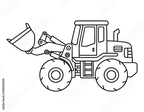  Wheel loader heavy construction vehicle with bucket in clean outline coloring page illustration