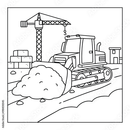 Bulldozer pushing soil at construction site with crane in clean outline coloring page illustration