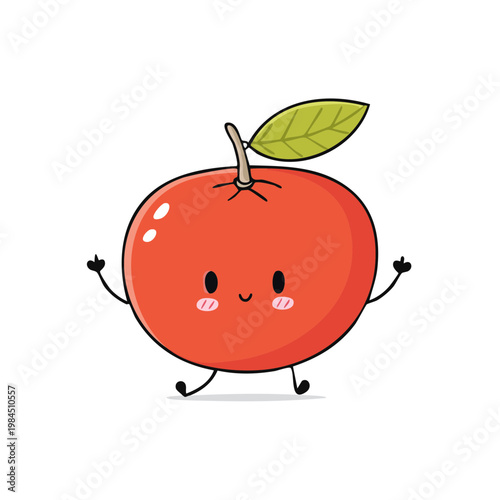 Joyful cartoon apple character with blush and leaf waving arms and legs