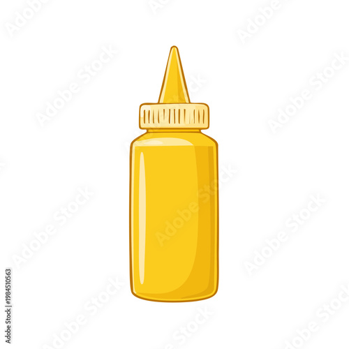 Yellow squeeze bottle container with yellow cap filled with mustard condiment illustration