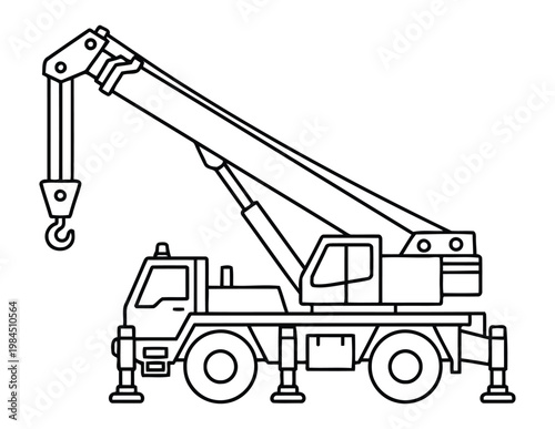 Mobile crane truck construction vehicle with boom and hook in clean outline coloring page illustration