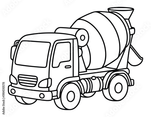 Cement mixer truck construction vehicle in clean outline coloring page illustration