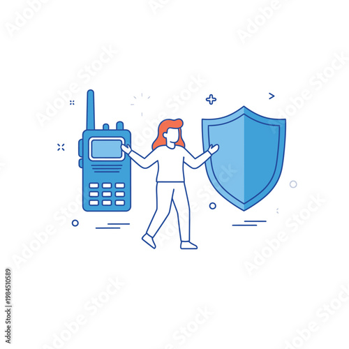 Woman Holding Walkie Talkie and Shield for Security.