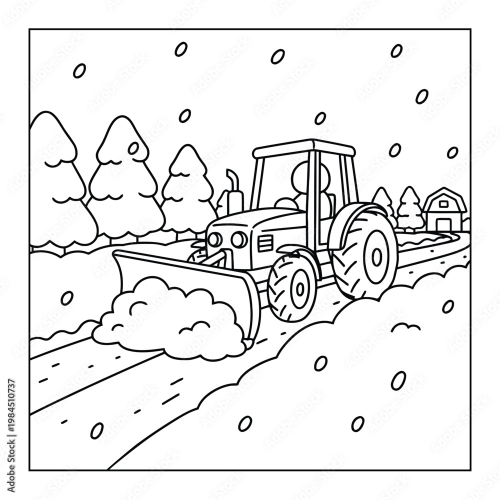 Obraz premium Tractor snow plow clearing road in winter forest coloring page clean outline