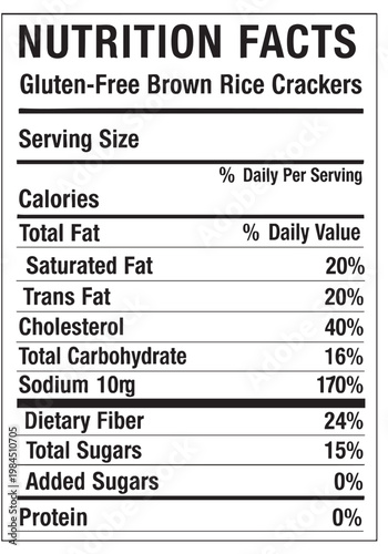 Nutrition facts label for gluten free crackers cut out isolated illustration on transparent background layout