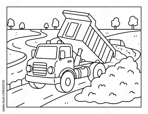 Dump truck unloading soil on countryside road coloring page clean outline
