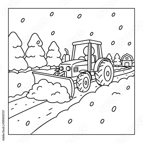 Tractor snow plow clearing road in winter forest coloring page clean outline