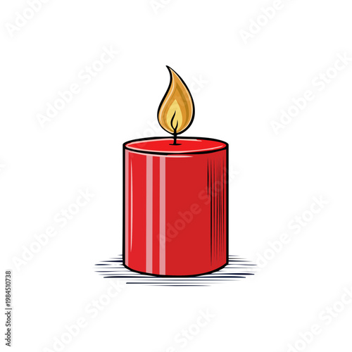 Burning red pillar candle with a bright flame casting a warm glow