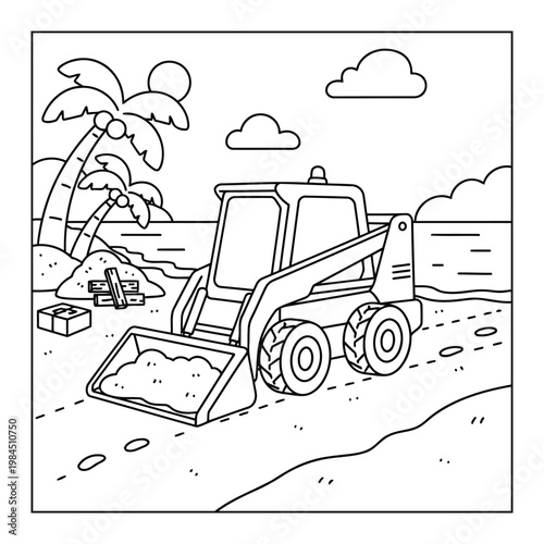 Skid steer loader coloring page working on tropical beach construction scene