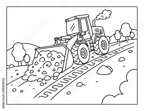 Bulldozer coloring page pushing dirt on road construction site clean outline