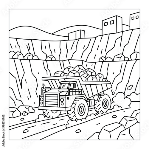 Dump truck coloring page carrying rocks in quarry mining landscape scene