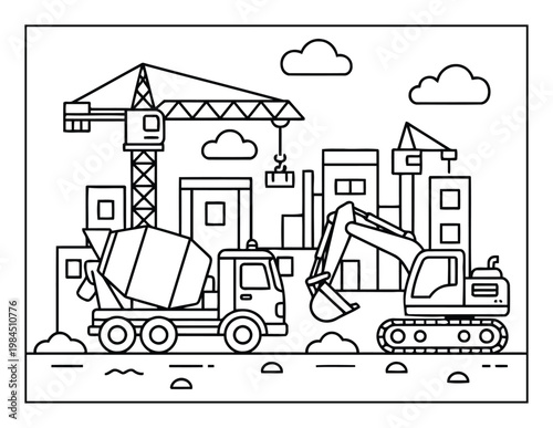 Construction site coloring page with crane excavator and mixer truck clean outline