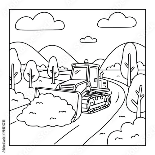  Bulldozer coloring page pushing dirt on countryside road with hills scene