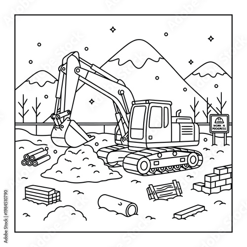Excavator coloring page digging soil at construction site with mountains scene