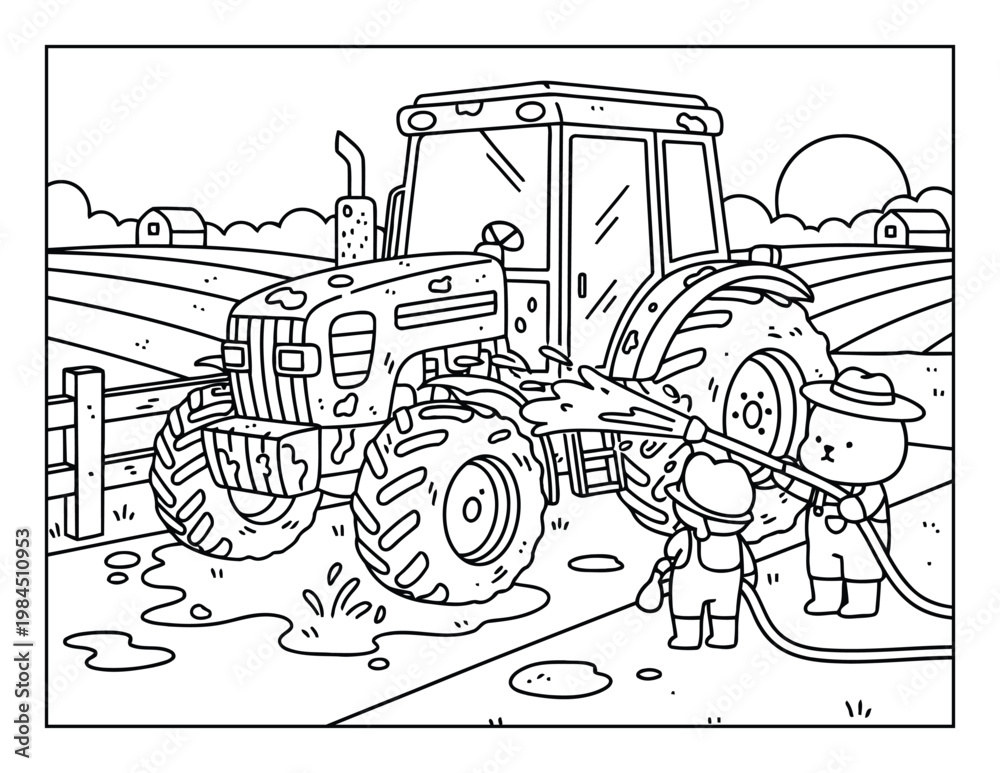 Obraz premium Tractor washing farm scene coloring page with cute farmer characters line art