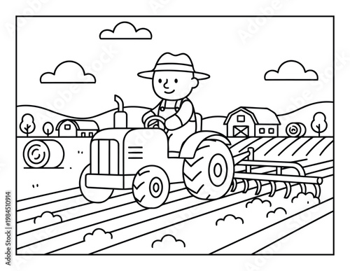 Tractor farming scene with farmer plowing field coloring page simple line art