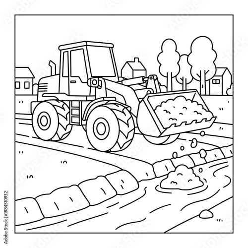 Loader tractor cleaning canal scene coloring page simple line art for kids