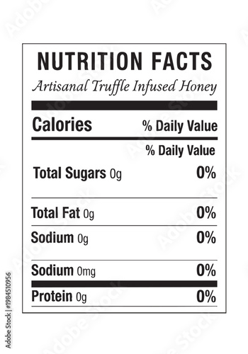 Detailed nutrition facts label for artisanal truffle honey product cut out isolated illustration on transparent background layout