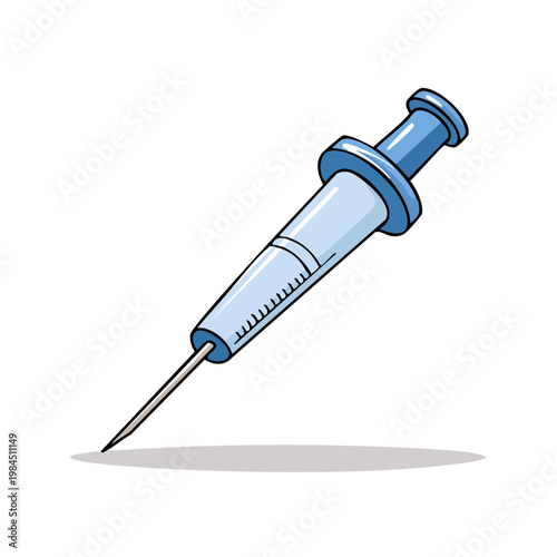 Illustration of a medical syringe with a needle filled with blue liquid, isolated on a white background
