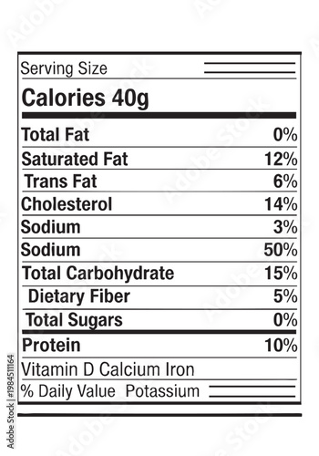 Detailed nutrition facts panel shows serving size and calories. cut out isolated illustration on transparent background layout