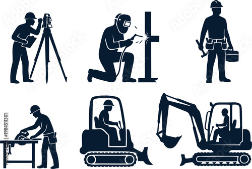 Construction Workers and Heavy Equipment Machinery Silhouette Icon Set for labor day design concept background 