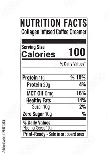 Collagen infused coffee creamer nutrition facts label displayed. cut out isolated illustration on transparent background layout