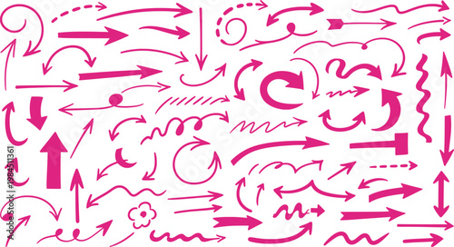 Collection of pink hand drawn arrows on white background