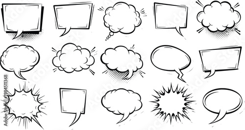 Collection of comic book style speech bubbles and thought clouds