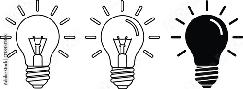 Three light bulbs with different illumination effects on white background