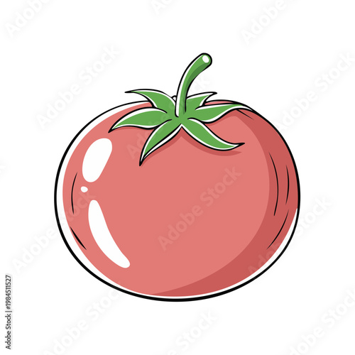 Vibrant cartoon illustration of a plump red tomato with green leaves and stem on a white background
