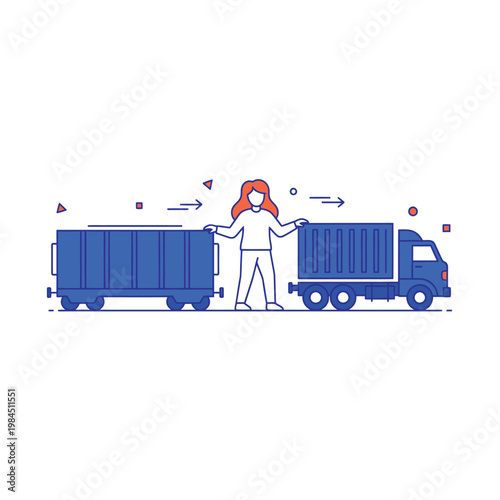 Woman Holding Large Shipping Container and Truck.
