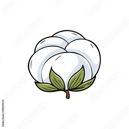 Stylized illustration of a fluffy white cotton boll with green leaves and brown stem