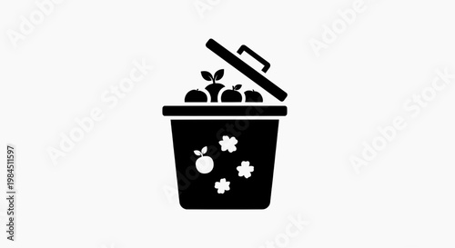 A black illustration of a trash can filled with waste and fruit
