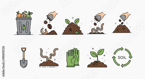 Composting process illustration shows worms recycling food waste into fertile soil for gardening