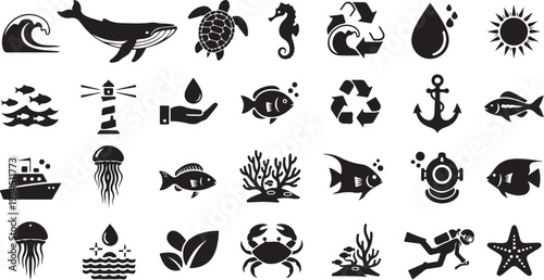 Marine Life Icons and Ocean Conservation Symbols