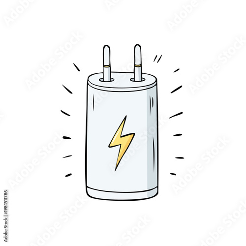 White electrical adapter with yellow lightning bolt symbol and radiating light