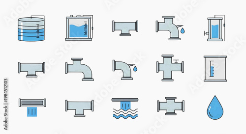 Industrial pipeline symbols and water drop icons illustrate plumbing system components