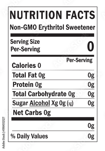 Erythritol sweetener nutrition facts label on transparent background cut out isolated illustration on transparent background layout
