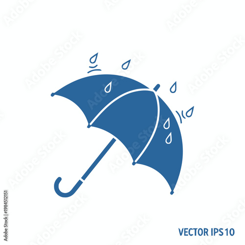 Minimal vector icon of a blue umbrella protecting from raindrops against a white background, representing weather and protection