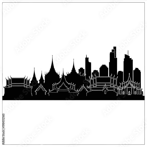 Bangkok Cityscape Silhouette with Temples and Skyscrapers.
