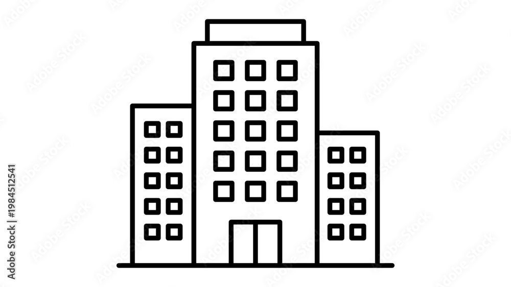 Naklejka premium Minimalist Black Line Vector Icon of a Modern Multi-story Office Building or Skyscraper, Featuring Editable Stroke for Customizable Line Weight, Ideal for Architecture and City Design Graphics.