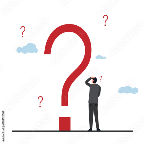 Big question mark or big problem to solve or finding solution, doubt or uncertainty, thinking to make a decision, difficult question concept, young man thinking while looking at a big question mark. v