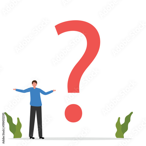 Big question mark or big problem to solve or finding solution, doubt or uncertainty, thinking to make a decision, difficult question concept, young man thinking while looking at a big question mark. v