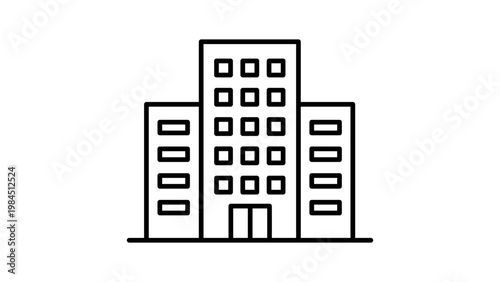 Minimalist Black Line Vector Icon of a Multistory Office Building or Apartment Complex on a White Background, Featuring an Editable Stroke for Customizable Line Weight and Scalable Design.