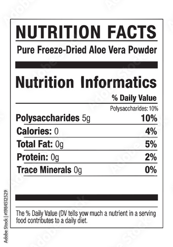 Nutrition facts label for aloe vera powder on transparent background cut out isolated illustration on transparent background layout