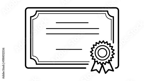 Certificate Award Vector Icon: A minimalist black line illustration on a white background representing a rectangular diploma or certificate with a decorative border and a seal with ribbons.