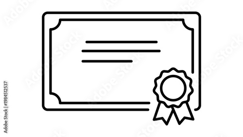 Certificate and Award Minimalist Black Line Vector Icon on White Background. Representing a Diploma or Achievement with a Seal and Ribbon. Editable Stroke for Custom Line Weight and Style.