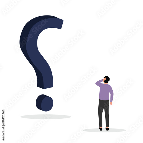 Big question mark or big problem to solve or finding solution, doubt or uncertainty, thinking to make a decision, difficult question concept, young man thinking while looking at a big question mark. v