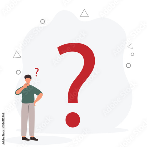 Big question mark or big problem to solve or finding solution, doubt or uncertainty, thinking to make a decision, difficult question concept, young man thinking while looking at a big question mark. v